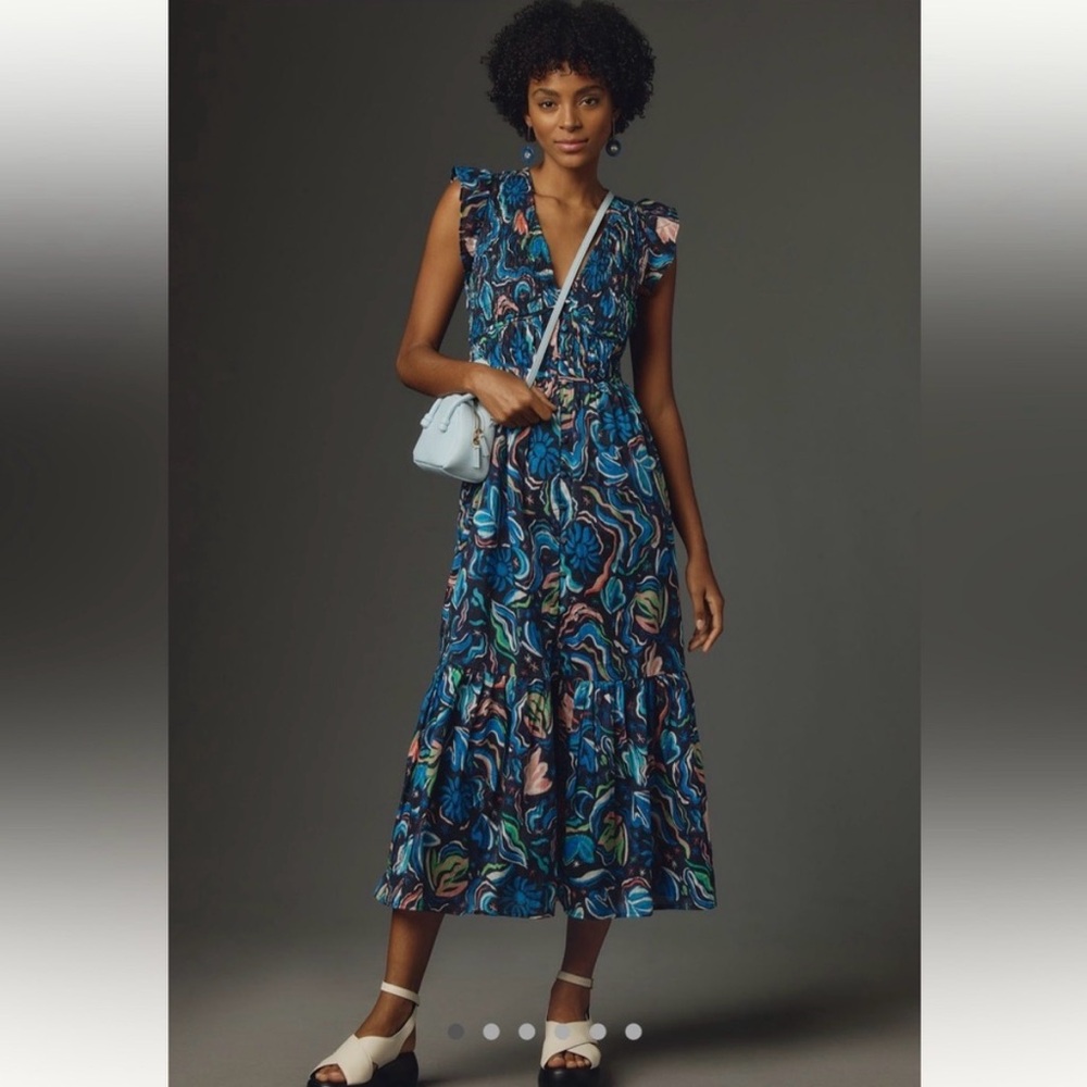 Anthropologie Peregrine Navy Blue Multi-Print Ruffle Sleeve Maxi Dress XL
